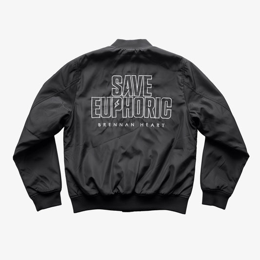Black SAVE EUPHORIC bomber jacket with large SAVE EUPHORIC back print