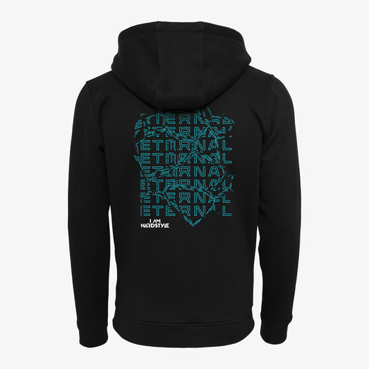 Black Eternal zipper hoodie with teal Eternal back print