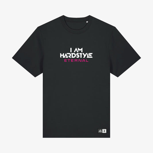 Black Eternal 2025 lineup T-shirt with I AM HARDSTYLE Eternal logo, front