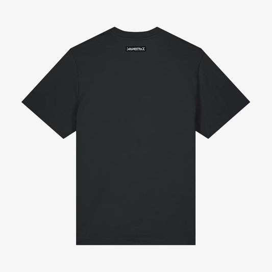 Black IAH X Core shirt, back with neck label