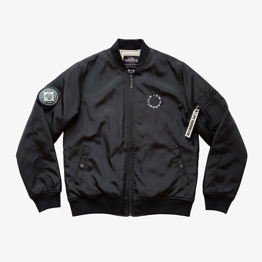 Black I AM HARDSTYLE bomber jacket with chest print and arm patch, front