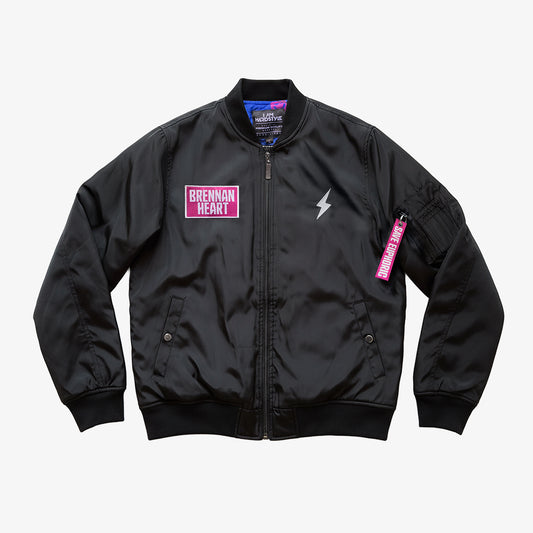 Black SAVE EUPHORIC bomber jacket with pink Brennan Heart chest patch, front