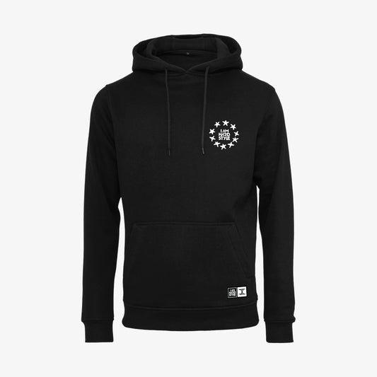 Black IAH X Unity hoodie with chest logo, front