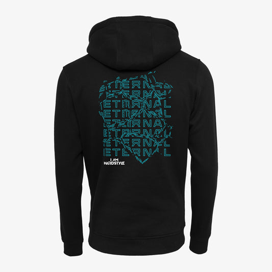 Black Eternal classic hoodie with teal Eternal back print