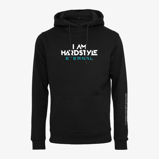 Black Eternal classic hoodie with I AM HARDSTYLE Eternal chest print, front