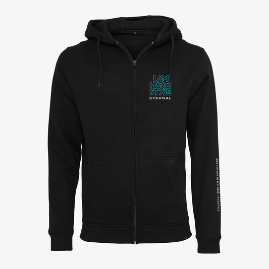 Black Eternal zipper hoodie with I AM HARDSTYLE Eternal chest logo, front