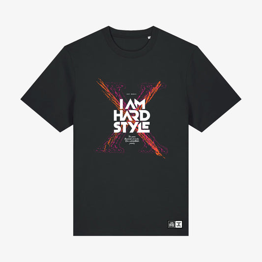Black IAH X Core shirt with colourful X and I AM HARDSTYLE logo, front