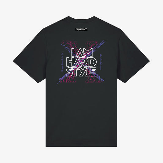 Black IAH X Legacy shirt with I AM HARDSTYLE X artwork, back
