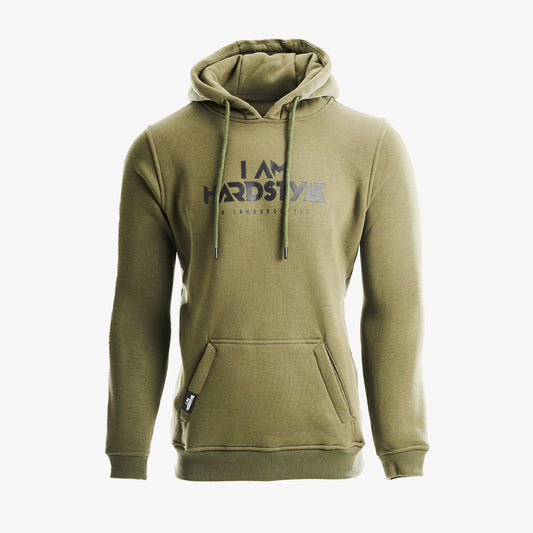 Olive I AM HARDSTYLE hoodie with black logo print, front