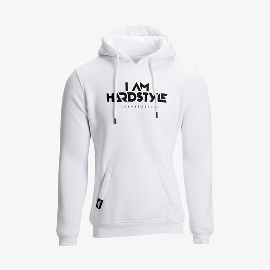 White I AM HARDSTYLE hoodie with black logo print, front