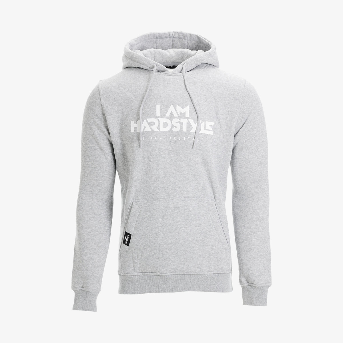 Grey I AM HARDSTYLE hoodie with white logo print, front