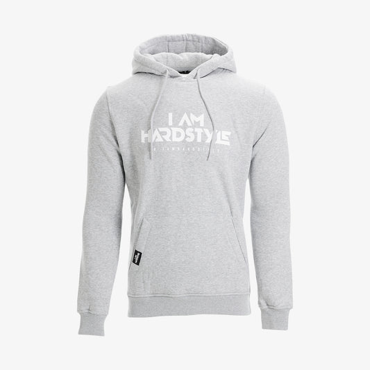 Grey I AM HARDSTYLE hoodie with white logo print, front