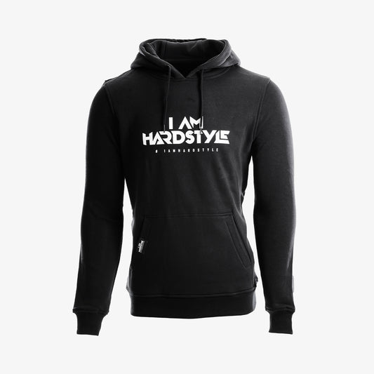 Black I AM HARDSTYLE hoodie with white logo print, front