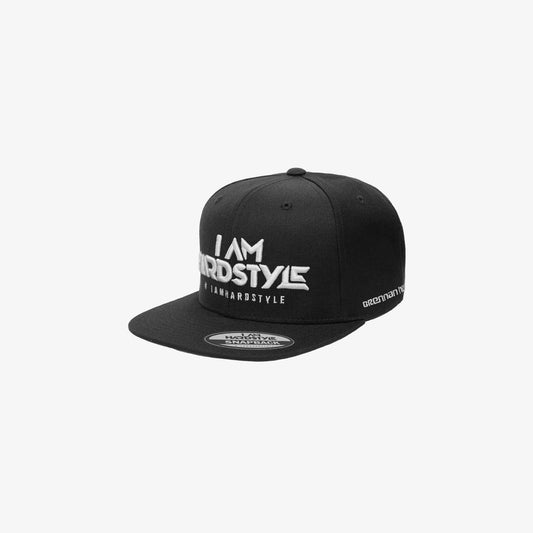 Black snapback cap with white 3D embroidered I AM HARDSTYLE logo