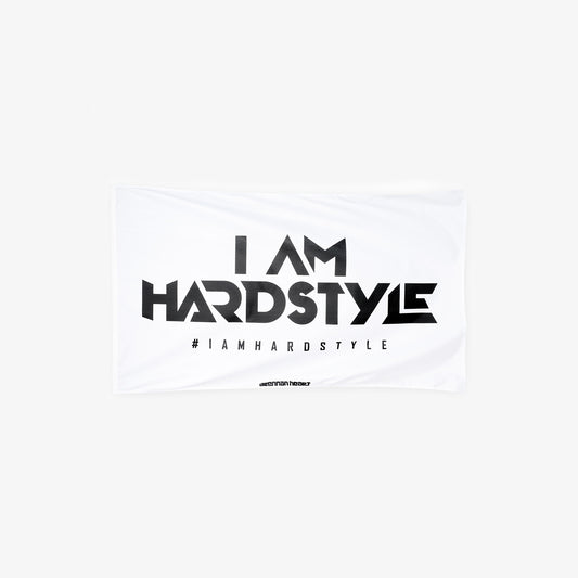 White I AM HARDSTYLE flag with black logo and #IAMHARDSTYLE