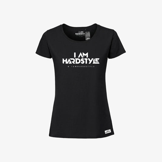 Black women's T-shirt with white I AM HARDSTYLE logo, front
